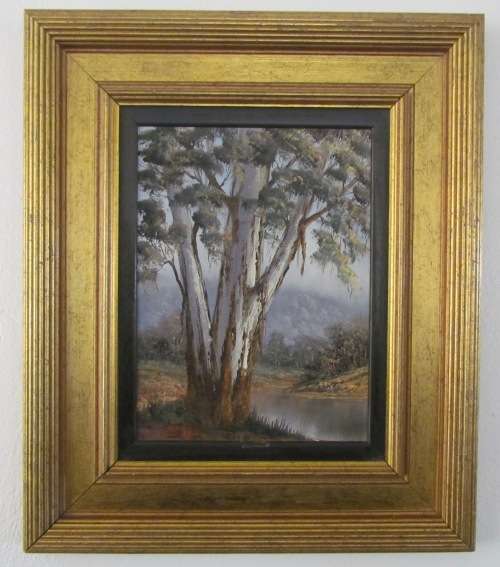 REPSOLD, LOUISE=Oil Painting="GUMTREE ON THE RIVER"=South African Artist=MINIATURE=Gold rib Frame