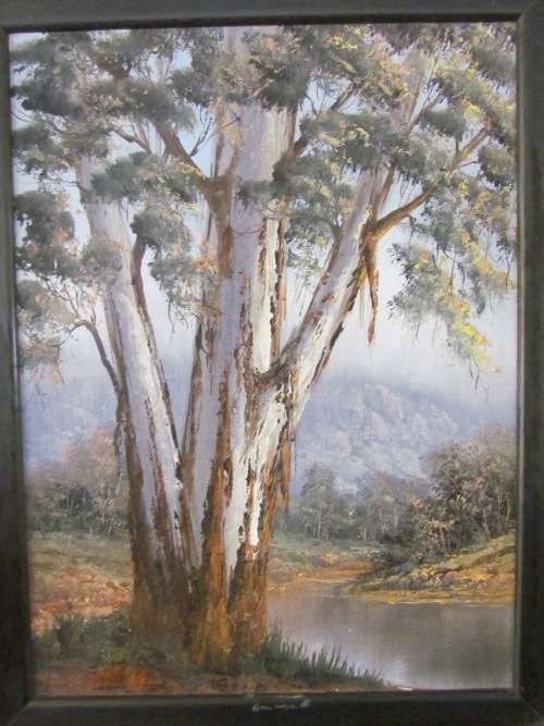 REPSOLD, LOUISE=Oil Painting="GUMTREE ON THE RIVER"=South African Artist=MINIATURE=Gold rib Frame