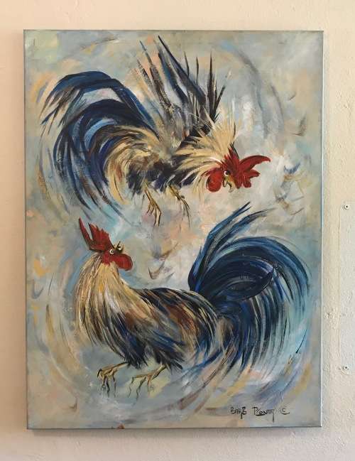 BARBARA PLONER LARGE boarded OIL PAINTING `FIGHTING COCKERELS IN MID-AIR` CHICKEN FOWLS STUNNING!!