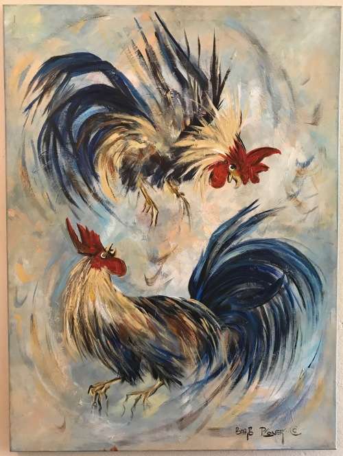 BARBARA PLONER LARGE boarded OIL PAINTING `FIGHTING COCKERELS IN MID-AIR` CHICKEN FOWLS STUNNING!!