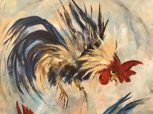 BARBARA PLONER LARGE boarded OIL PAINTING `FIGHTING COCKERELS IN MID-AIR` CHICKEN FOWLS STUNNING!!