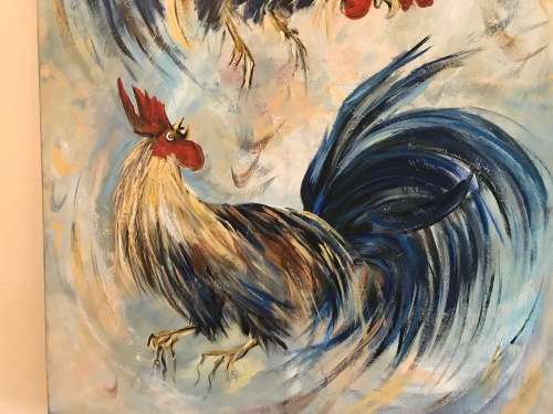 BARBARA PLONER LARGE boarded OIL PAINTING `FIGHTING COCKERELS IN MID-AIR` CHICKEN FOWLS STUNNING!!