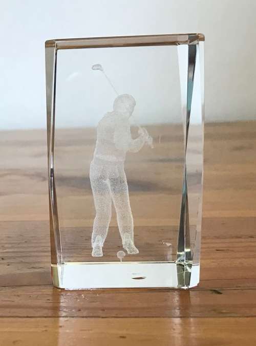 PAPERWEIGHT ACRYLIC 3D LASER optic BLOCK GOLFER DRIVING WITH BALL ON THE TEE!!!! GOLF.