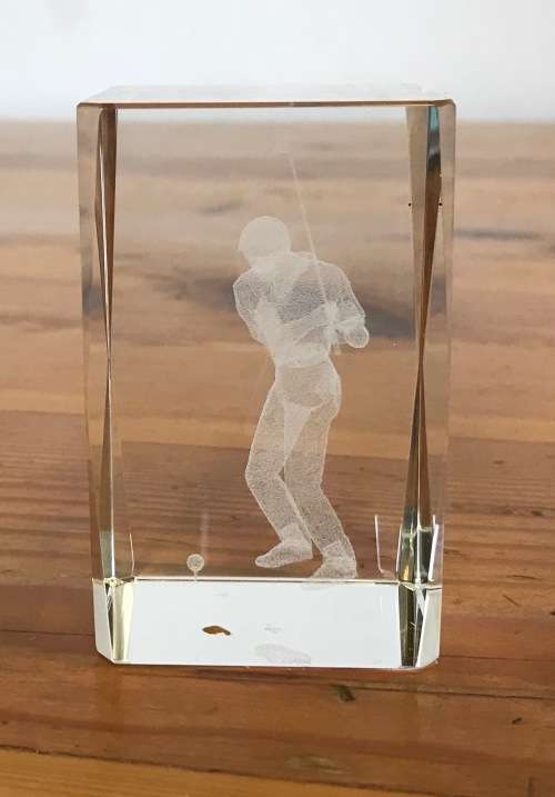 PAPERWEIGHT ACRYLIC 3D LASER optic BLOCK GOLFER DRIVING WITH BALL ON THE TEE!!!! GOLF.