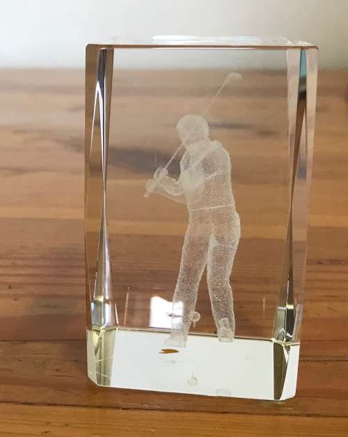 PAPERWEIGHT ACRYLIC 3D LASER optic BLOCK GOLFER DRIVING WITH BALL ON THE TEE!!!! GOLF.
