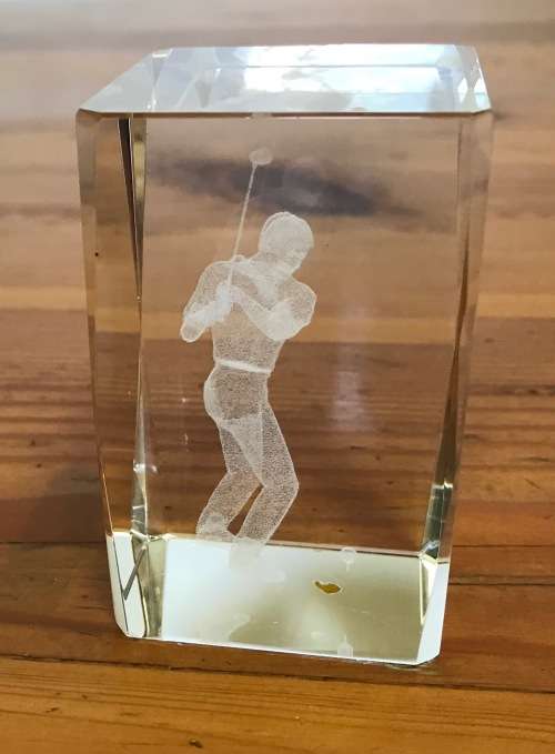 PAPERWEIGHT ACRYLIC 3D LASER optic BLOCK GOLFER DRIVING WITH BALL ON THE TEE!!!! GOLF.