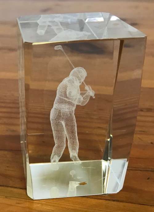 PAPERWEIGHT ACRYLIC 3D LASER optic BLOCK GOLFER DRIVING WITH BALL ON THE TEE!!!! GOLF.