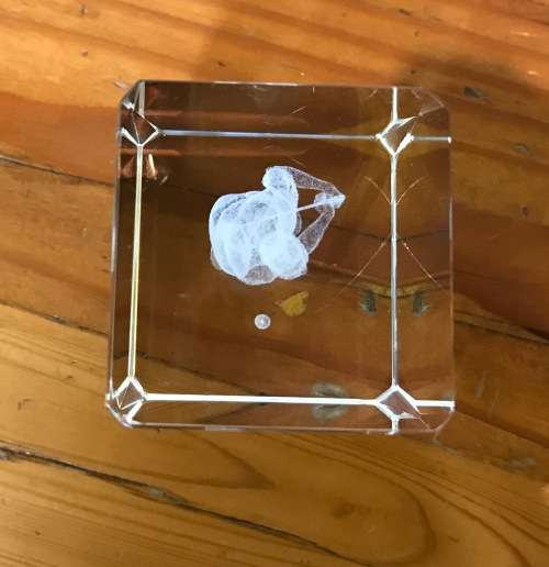 PAPERWEIGHT ACRYLIC 3D LASER optic BLOCK GOLFER DRIVING WITH BALL ON THE TEE!!!! GOLF.