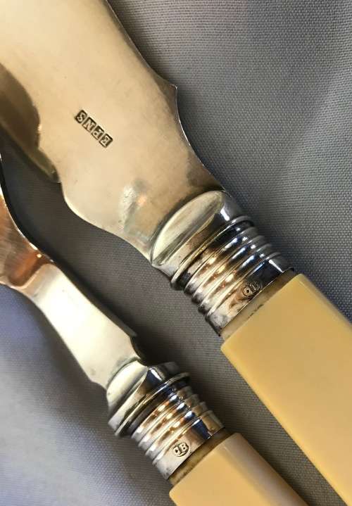 FISH SERVERS SET Sterling Silver Collars EPNS PLASTIC/BONE HANDLES 1895/6 SHEFFIELD ENGLAND BEATSON.