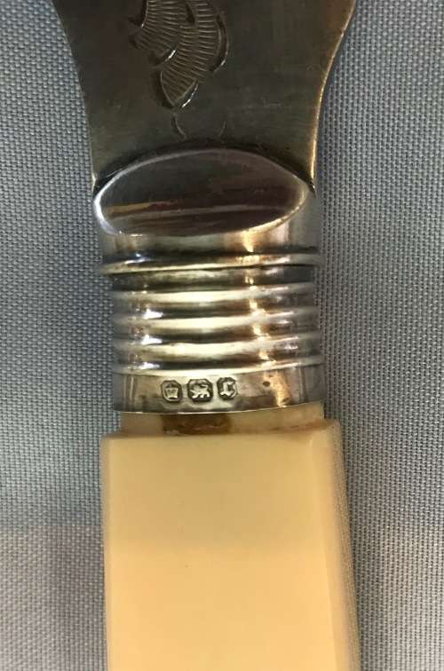 FISH SERVERS SET Sterling Silver Collars EPNS PLASTIC/BONE HANDLES 1895/6 SHEFFIELD ENGLAND BEATSON.