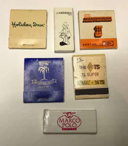 MATCHBOOKS x 6 VINTAGE HOTELS RENAULT CARS Holiday Inn Johannesburger Wilderness Marco Polo Meridien