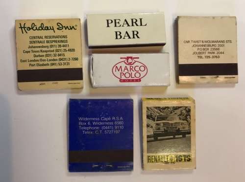 MATCHBOOKS x 6 VINTAGE HOTELS RENAULT CARS Holiday Inn Johannesburger Wilderness Marco Polo Meridien