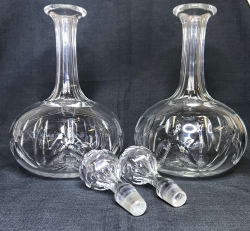 CRYSTAL DECANTERS x 2  PAIR  IDENTICAL with STOPPERS WHISKY BRANDY PORT LIQUEUER