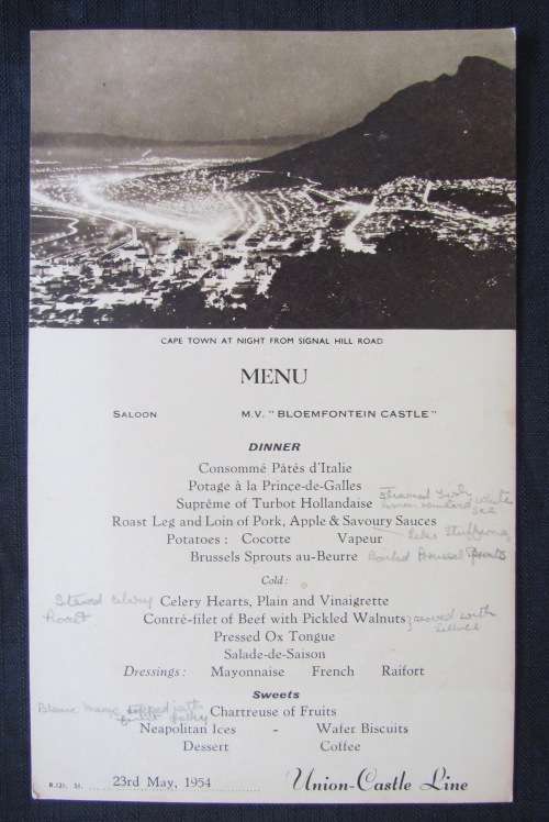 UNION-CASTLE LINE MENU SEPIA 23 MAY 1954 CAPE TOWN at NIGHT SIGNAL HILL DINNER BLOEMFONTEIN CASTLE