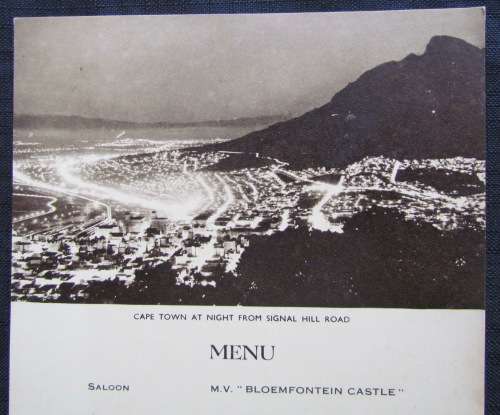 UNION-CASTLE LINE MENU SEPIA 23 MAY 1954 CAPE TOWN at NIGHT SIGNAL HILL DINNER BLOEMFONTEIN CASTLE