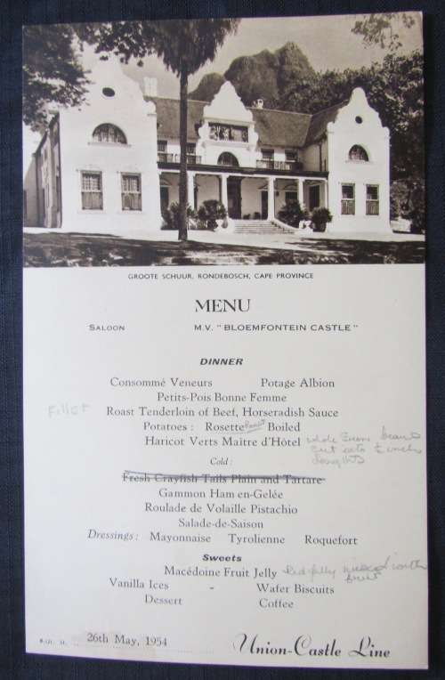 UNION-CASTLE LINE MENU SEPIA 26 MAY 1954 GROOTE SCHUUR RONDEBOSCH DINNER BLOEMFONTEIN CASTLE