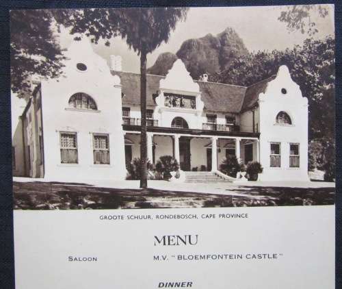 UNION-CASTLE LINE MENU SEPIA 26 MAY 1954 GROOTE SCHUUR RONDEBOSCH DINNER BLOEMFONTEIN CASTLE