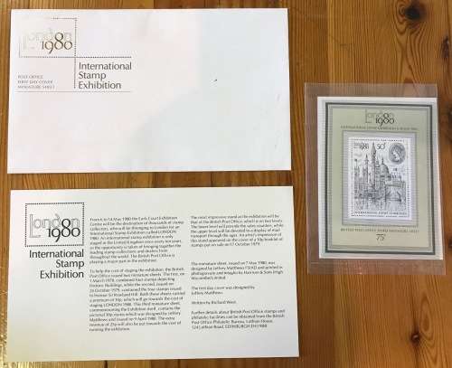 GREAT BRITAIN UK INTERNATIONAL STAMP EXHIBITION LONDON 1980 MINIATURE SHEET UM 3RD M/S BLANK FDC