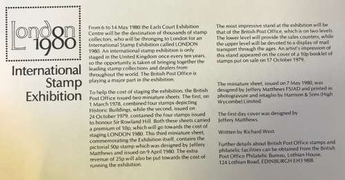 GREAT BRITAIN UK INTERNATIONAL STAMP EXHIBITION LONDON 1980 MINIATURE SHEET UM 3RD M/S BLANK FDC