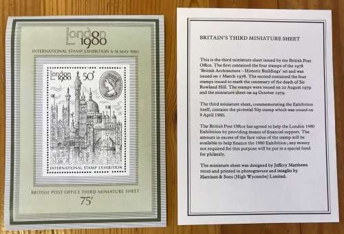 GREAT BRITAIN UK INTERNATIONAL STAMP EXHIBITION LONDON 1980 MINIATURE SHEET UM 3RD M/S BLANK FDC