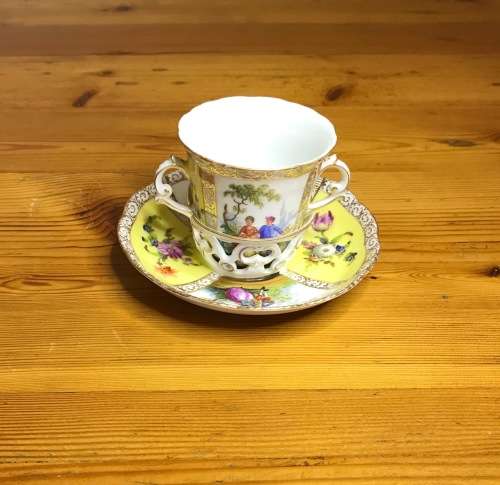 DRESDEN PORCELAIN=GERMANY=2 HANDLED CHOCOLATE/COFFEE/DEMITASSE CUP & SAUCER=LOVING COUPLES=LATTICE.