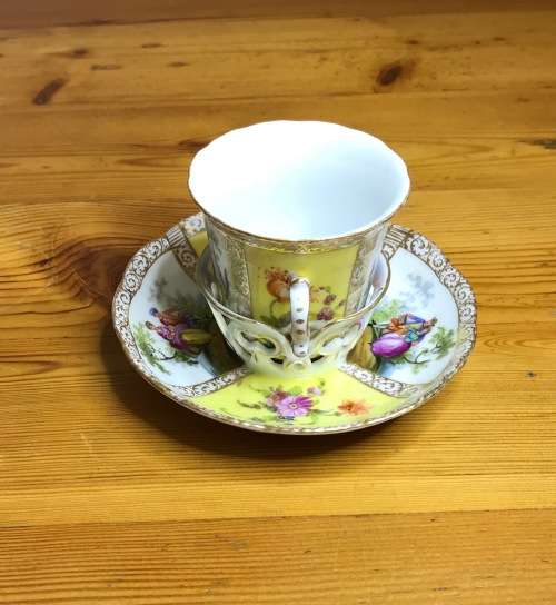 DRESDEN PORCELAIN=GERMANY=2 HANDLED CHOCOLATE/COFFEE/DEMITASSE CUP & SAUCER=LOVING COUPLES=LATTICE.
