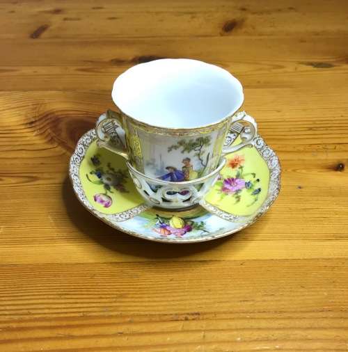 DRESDEN PORCELAIN=GERMANY=2 HANDLED CHOCOLATE/COFFEE/DEMITASSE CUP & SAUCER=LOVING COUPLES=LATTICE.