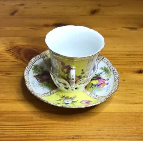 DRESDEN PORCELAIN=GERMANY=2 HANDLED CHOCOLATE/COFFEE/DEMITASSE CUP & SAUCER=LOVING COUPLES=LATTICE.