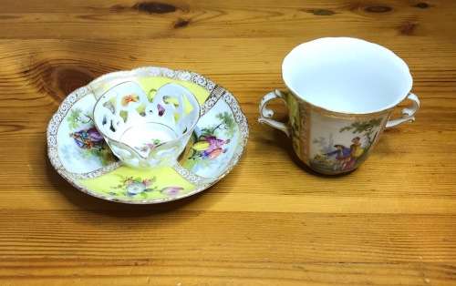 DRESDEN PORCELAIN=GERMANY=2 HANDLED CHOCOLATE/COFFEE/DEMITASSE CUP & SAUCER=LOVING COUPLES=LATTICE.