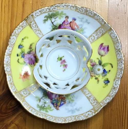 DRESDEN PORCELAIN=GERMANY=2 HANDLED CHOCOLATE/COFFEE/DEMITASSE CUP & SAUCER=LOVING COUPLES=LATTICE.