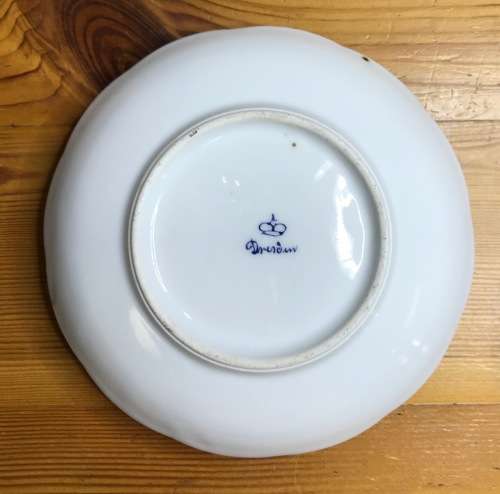 DRESDEN PORCELAIN=GERMANY=2 HANDLED CHOCOLATE/COFFEE/DEMITASSE CUP & SAUCER=LOVING COUPLES=LATTICE.