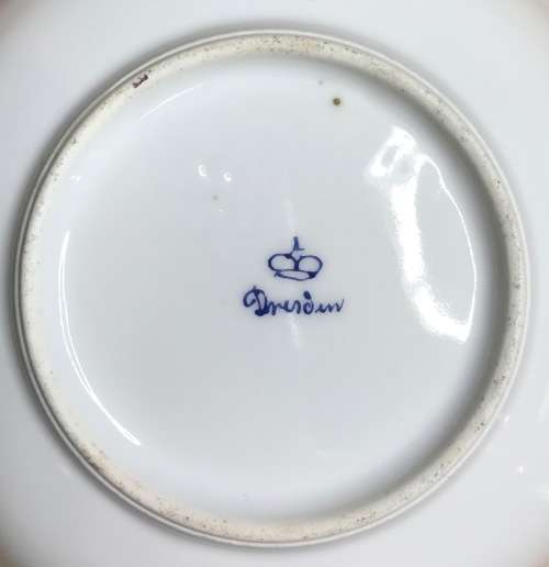 DRESDEN PORCELAIN=GERMANY=2 HANDLED CHOCOLATE/COFFEE/DEMITASSE CUP & SAUCER=LOVING COUPLES=LATTICE.