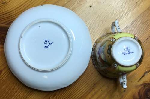 DRESDEN PORCELAIN=GERMANY=2 HANDLED CHOCOLATE/COFFEE/DEMITASSE CUP & SAUCER=LOVING COUPLES=LATTICE.