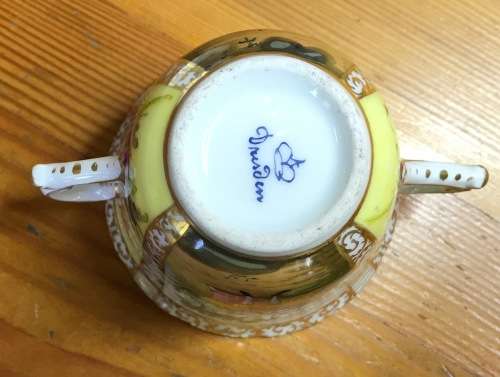 DRESDEN PORCELAIN=GERMANY=2 HANDLED CHOCOLATE/COFFEE/DEMITASSE CUP & SAUCER=LOVING COUPLES=LATTICE.