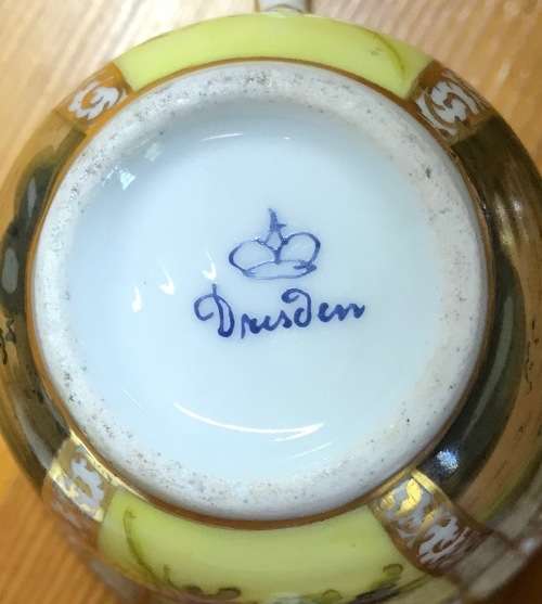 DRESDEN PORCELAIN=GERMANY=2 HANDLED CHOCOLATE/COFFEE/DEMITASSE CUP & SAUCER=LOVING COUPLES=LATTICE.