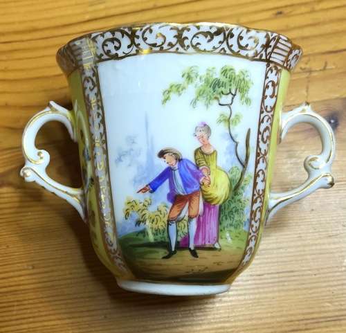 DRESDEN PORCELAIN=GERMANY=2 HANDLED CHOCOLATE/COFFEE/DEMITASSE CUP & SAUCER=LOVING COUPLES=LATTICE.