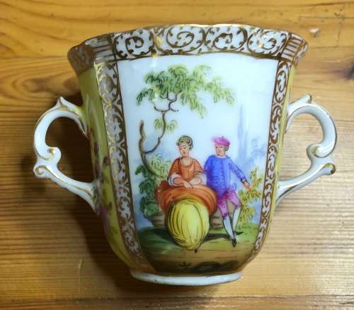 DRESDEN PORCELAIN=GERMANY=2 HANDLED CHOCOLATE/COFFEE/DEMITASSE CUP & SAUCER=LOVING COUPLES=LATTICE.