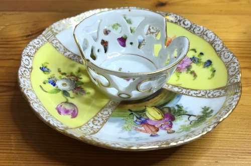 DRESDEN PORCELAIN=GERMANY=2 HANDLED CHOCOLATE/COFFEE/DEMITASSE CUP & SAUCER=LOVING COUPLES=LATTICE.