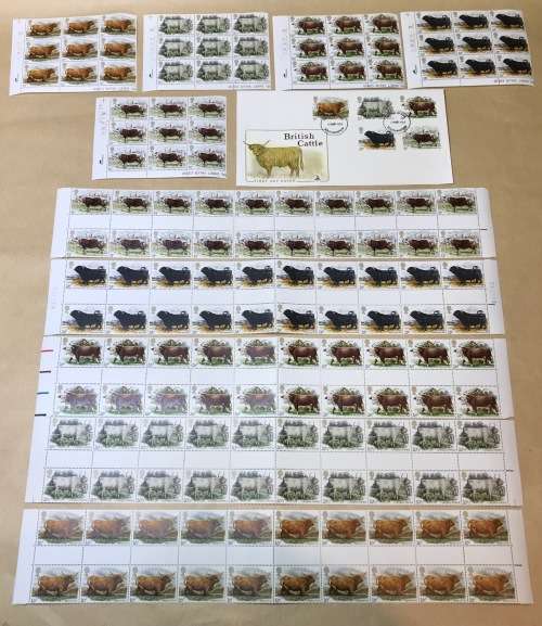 GREAT BRITAIN UK BRITISH CATTLE 1984 SG1240-44 STRIP SET 10 GUTTER PAIRS SET CONTROL BLOCKS FDC