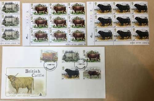 GREAT BRITAIN UK BRITISH CATTLE 1984 SG1240-44 STRIP SET 10 GUTTER PAIRS SET CONTROL BLOCKS FDC
