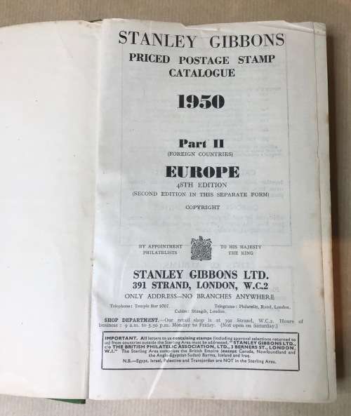 STANLEY GIBBONS POSTAGE STAMP CATALOGUE 1950 PART II FOREIGN COUNTRIES EUROPE LONDON.