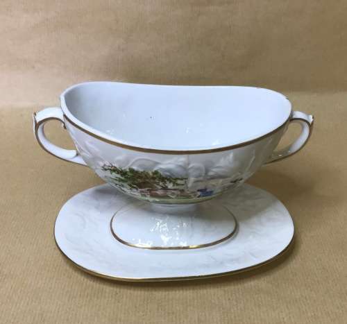 GRAVY BOATS x 2 attached SAUCERS NO NAME FARMHOUSE and FARMER with DOG HERDBOY CATTLE COWS DAIRY.