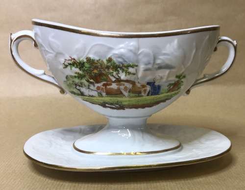 GRAVY BOATS x 2 attached SAUCERS NO NAME FARMHOUSE and FARMER with DOG HERDBOY CATTLE COWS DAIRY.