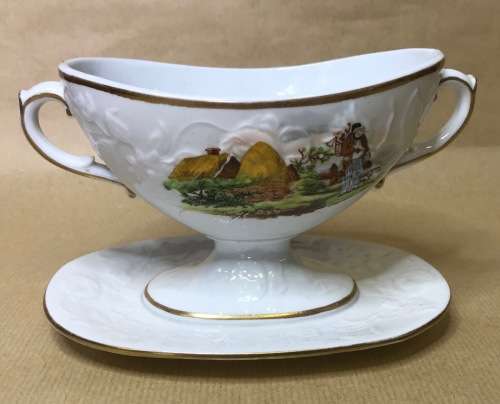GRAVY BOATS x 2 attached SAUCERS NO NAME FARMHOUSE and FARMER with DOG HERDBOY CATTLE COWS DAIRY.