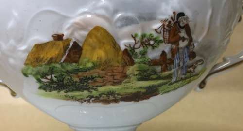 GRAVY BOATS x 2 attached SAUCERS NO NAME FARMHOUSE and FARMER with DOG HERDBOY CATTLE COWS DAIRY.
