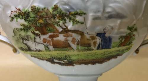 GRAVY BOATS x 2 attached SAUCERS NO NAME FARMHOUSE and FARMER with DOG HERDBOY CATTLE COWS DAIRY.