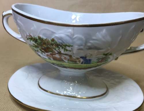 GRAVY BOATS x 2 attached SAUCERS NO NAME FARMHOUSE and FARMER with DOG HERDBOY CATTLE COWS DAIRY.