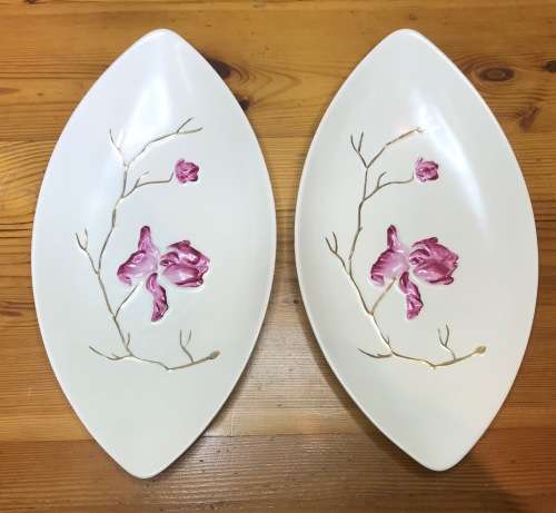 CARLTON WARE BOAT-SHAPED BOWLS PAIR (2) CARLTONWARE DISH RAISED MAGNOLIA FLOWERS STUNNING!!!!!!