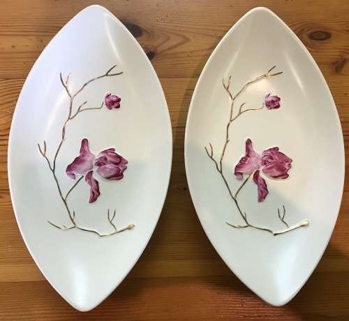 CARLTON WARE BOAT-SHAPED BOWLS PAIR (2) CARLTONWARE DISH RAISED MAGNOLIA FLOWERS STUNNING!!!!!!