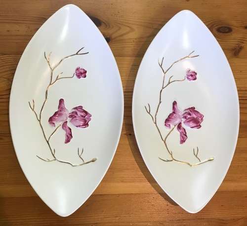 CARLTON WARE BOAT-SHAPED BOWLS PAIR (2) CARLTONWARE DISH RAISED MAGNOLIA FLOWERS STUNNING!!!!!!